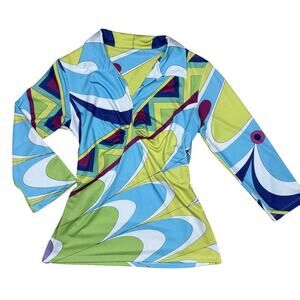 Michelle Parisou 90s Groovy Retro Green Blue Collared Top Medium